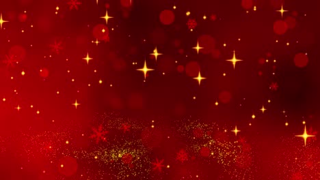 red confetti, snowflakes and bokeh lights on the red christmas background