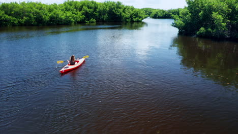 aerial view of female kayaker paddling alone across the river