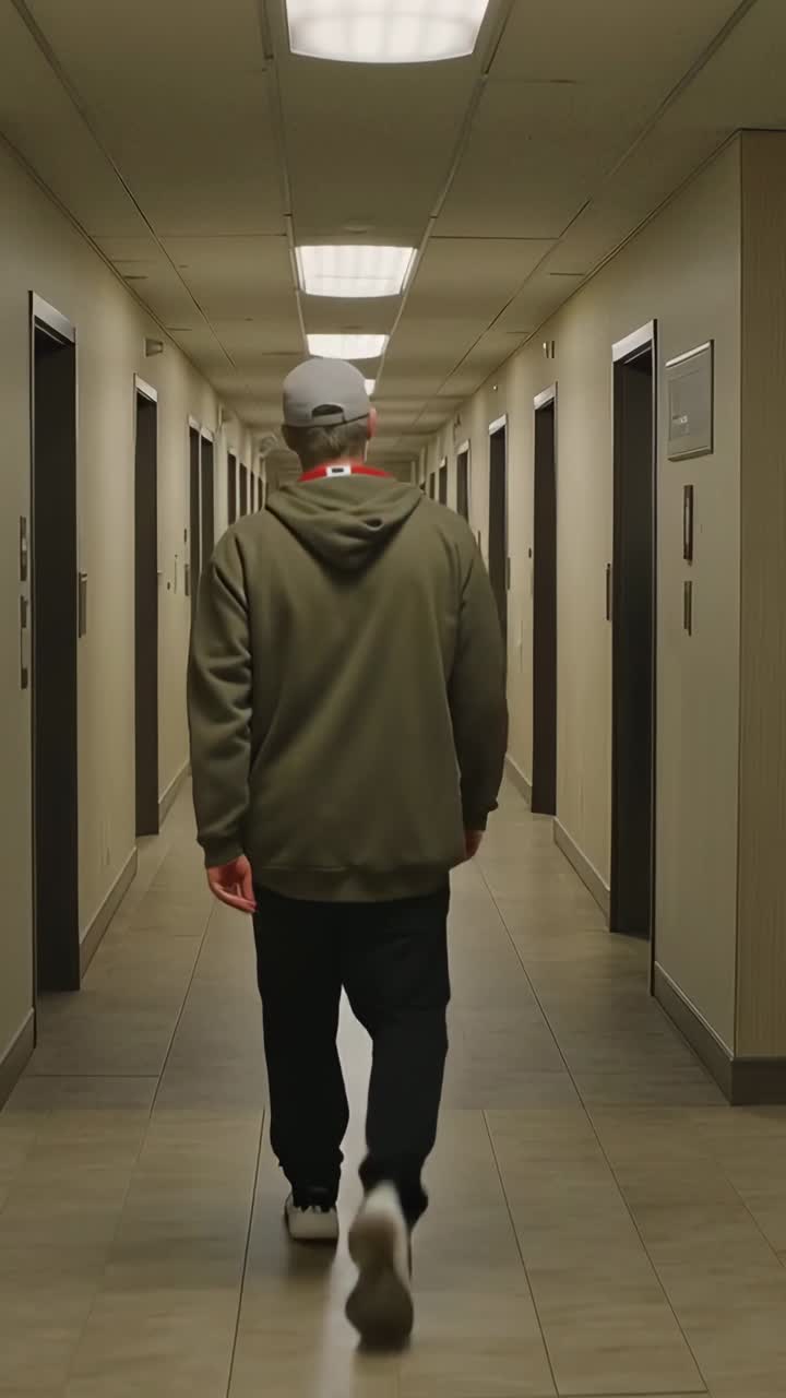 Video verticale: Uomo che cammina lungo un corridoio dell'ufficio mentre luci animate lo guidano verso l'uscita.