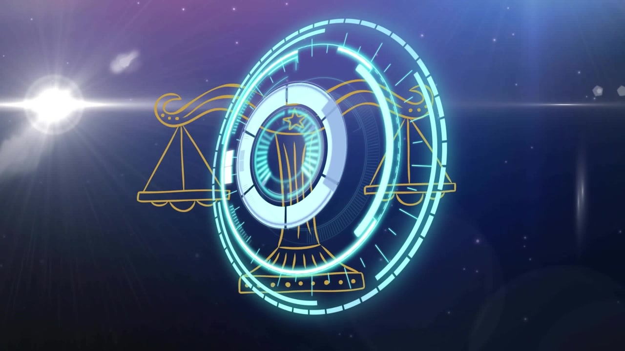Il simbolo del segno zodiacale della Bilancia è visibile su uno sfondo di stelle luminose.