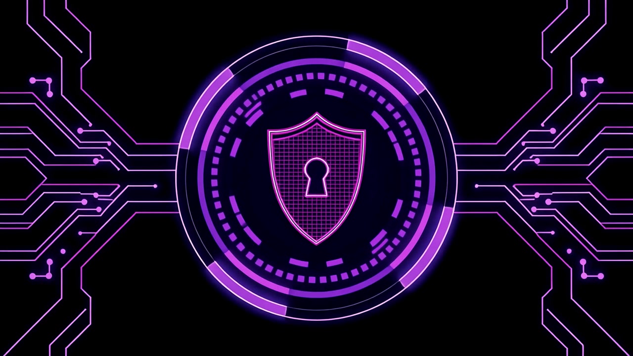 Glowing Purple Security Shield with Digital Circuit Board Animation