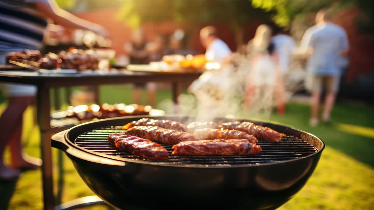 A vibrant video still of a backyard BBQ, shot from a low angle, showcasing sizzling meats on a grill