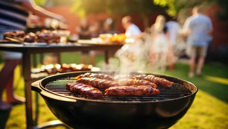 a vibrant video still of a backyard bbq, shot from a low angle, showcasing sizzling meats on a grill
