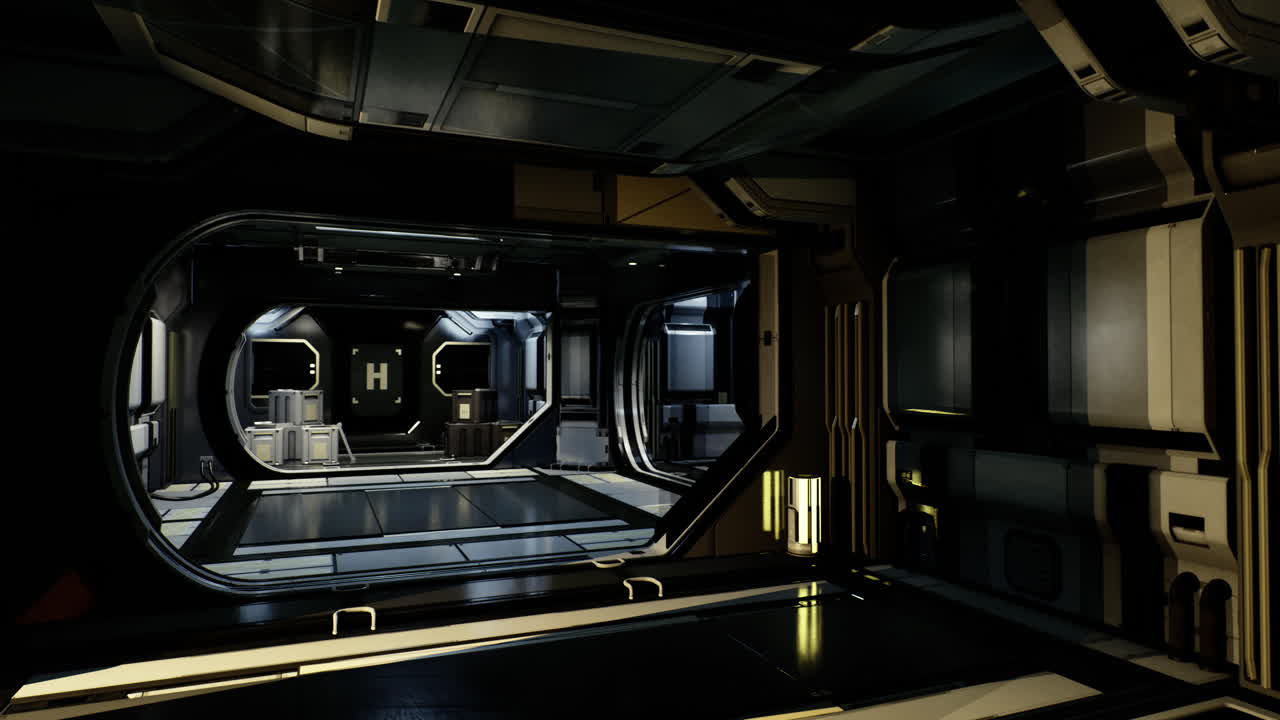 Futuristic interior of a space station corridor with glowing lights