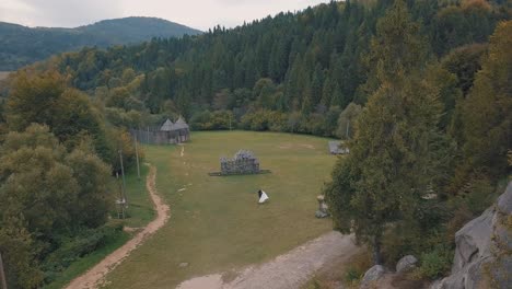 Newlyweds-running-toward-each-other.-Groom-and-bride.-Aerial-view