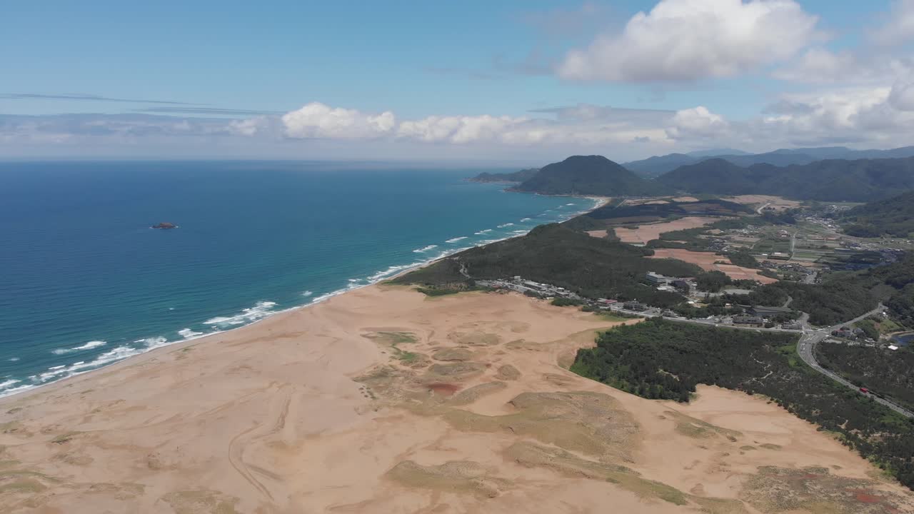 Panoramic Aerial of Tottori Sand Dunes Coastline in Japan, San’in Kaigan UNESCO Geopark