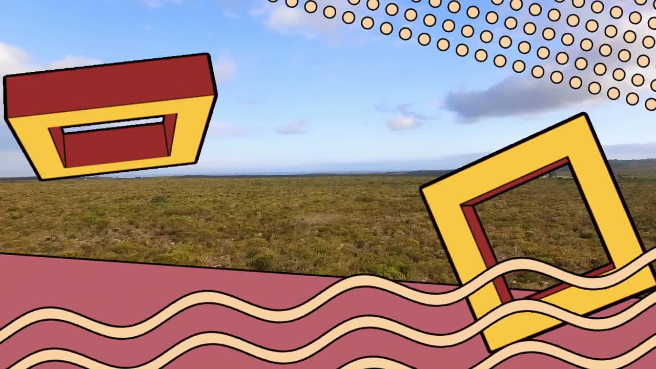 풍경 위에서 움직이는 추상적인 모양의 애니메이션