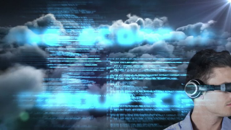 Caucasian man wearing vr goggles against data processing against spot of light and dark clouds