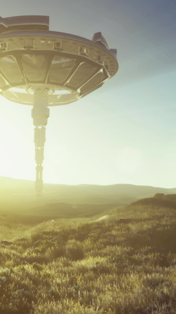 Mysterious alien ship hovers over a glowing landscape at sunrise