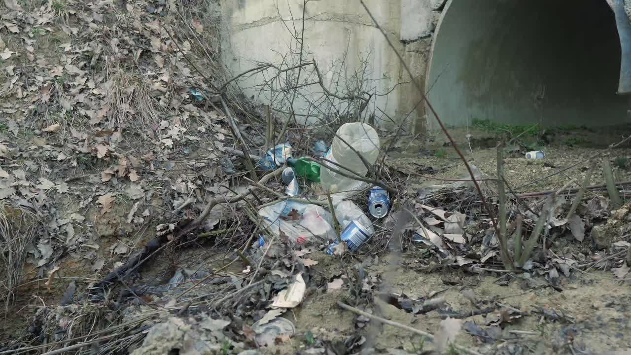 Plastic bottles thrown into the river near the forest