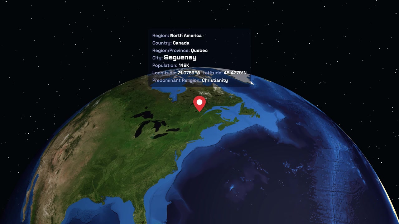 Digital earth rotates and zooms into Saguenay Quebec with data overlay and red pin