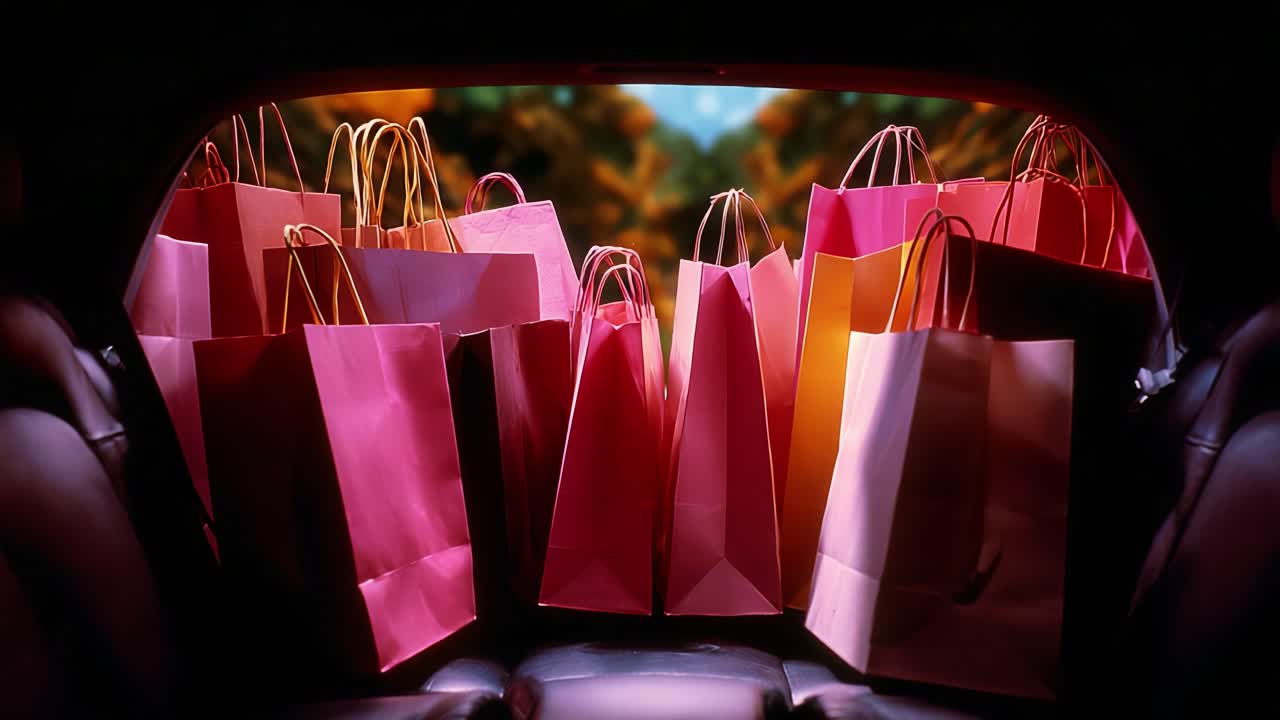 A RearView Perspective of a Car Filled with Colorful Shopping Bags, Evoking Excitement and Anticipation for Fresh Purchases on a Beautiful Day