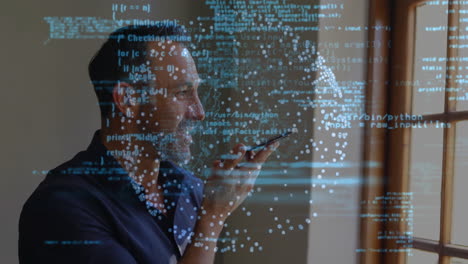 Using smartphone, man interacting with animation and digital code in school setting