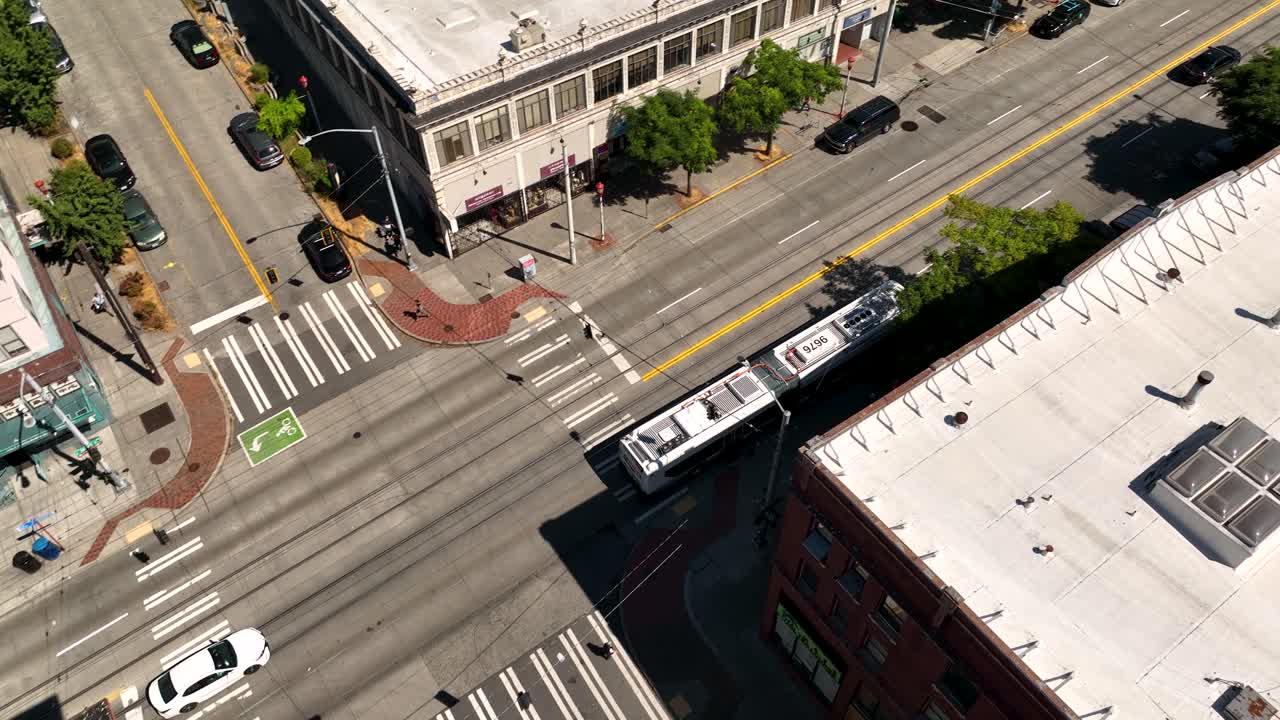 Overhead drone shot of a Seattle Metro bus
