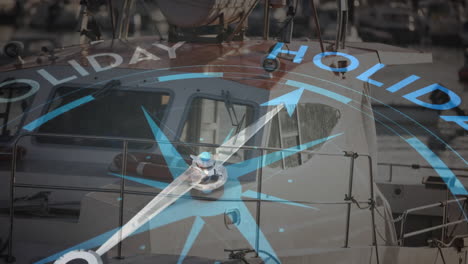 animación de la brújula con flecha que señala el texto de las vacaciones sobre el barco en el puerto