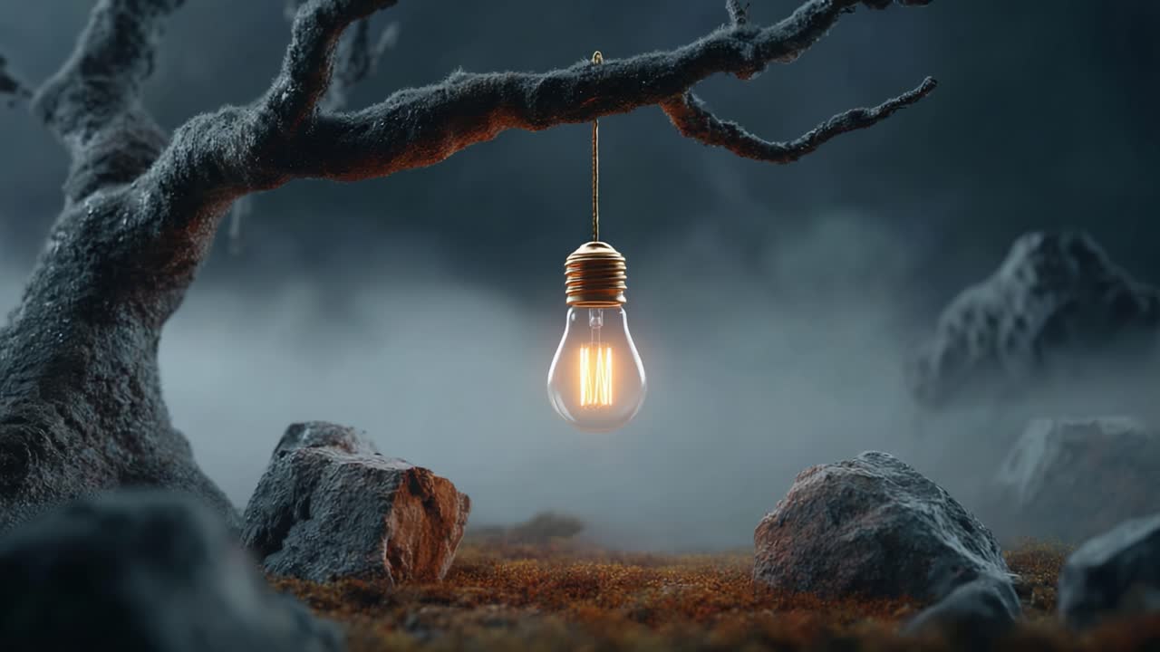Eerie Twilight Scene with a Glowing Light Bulb Hanging from an Abstract Tree Against a Foggy Background, Creating a Mysterious and Enigmatic Atmosphere