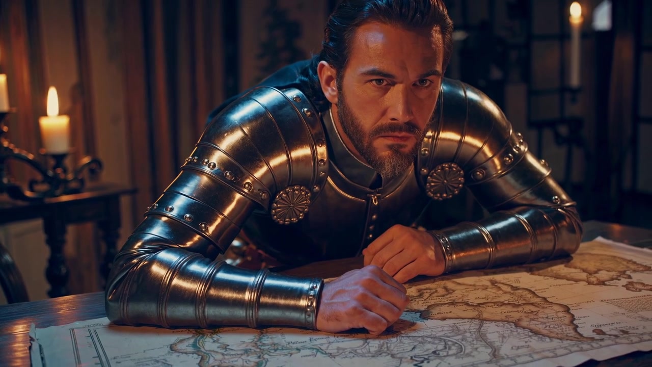 Cavaliere medievale che esamina un'antica mappa in una stanza illuminata a lume di candela