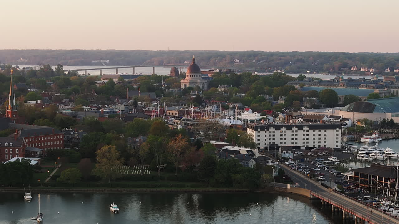 Spa Creek Bridge, Marina With United States Naval Academy, The Naval Academy Chapel And Naval Academy Bridge In Maryland, USA. - aerial shot
