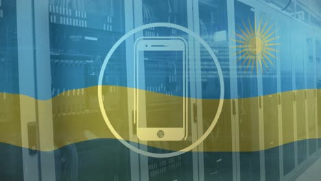 Animation-of-cellphone-in-circle-and-rwanda-flag-over-server-room