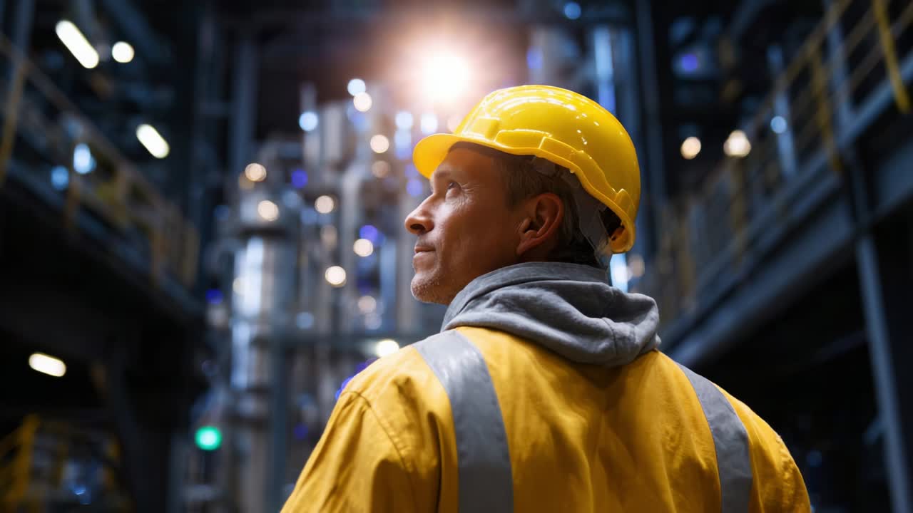 A Worker in Protective Gear Observes the Factory Environment, Highlighting Safety Measures and the Importance of Industrial Operations Amidst the Glow of Machinery and Equipment