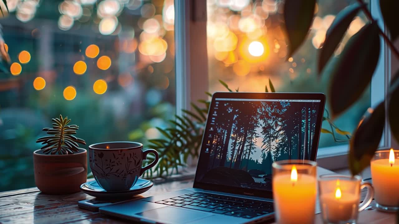 Cozy workspace with laptop, coffee, and candles