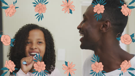 animation of flowers over happy african american father and daughter brushing teeth