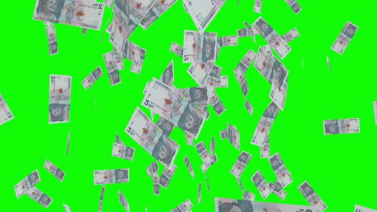 los billetes de 2 pesos colombianos caen en la pantalla verde.