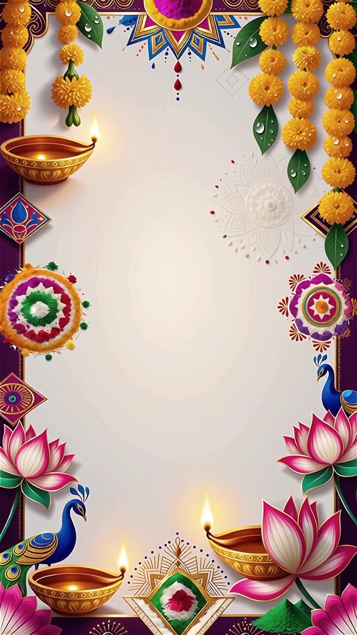 Sfondo Diwali con Diyas luminosi, Rangoli e fiori di loto