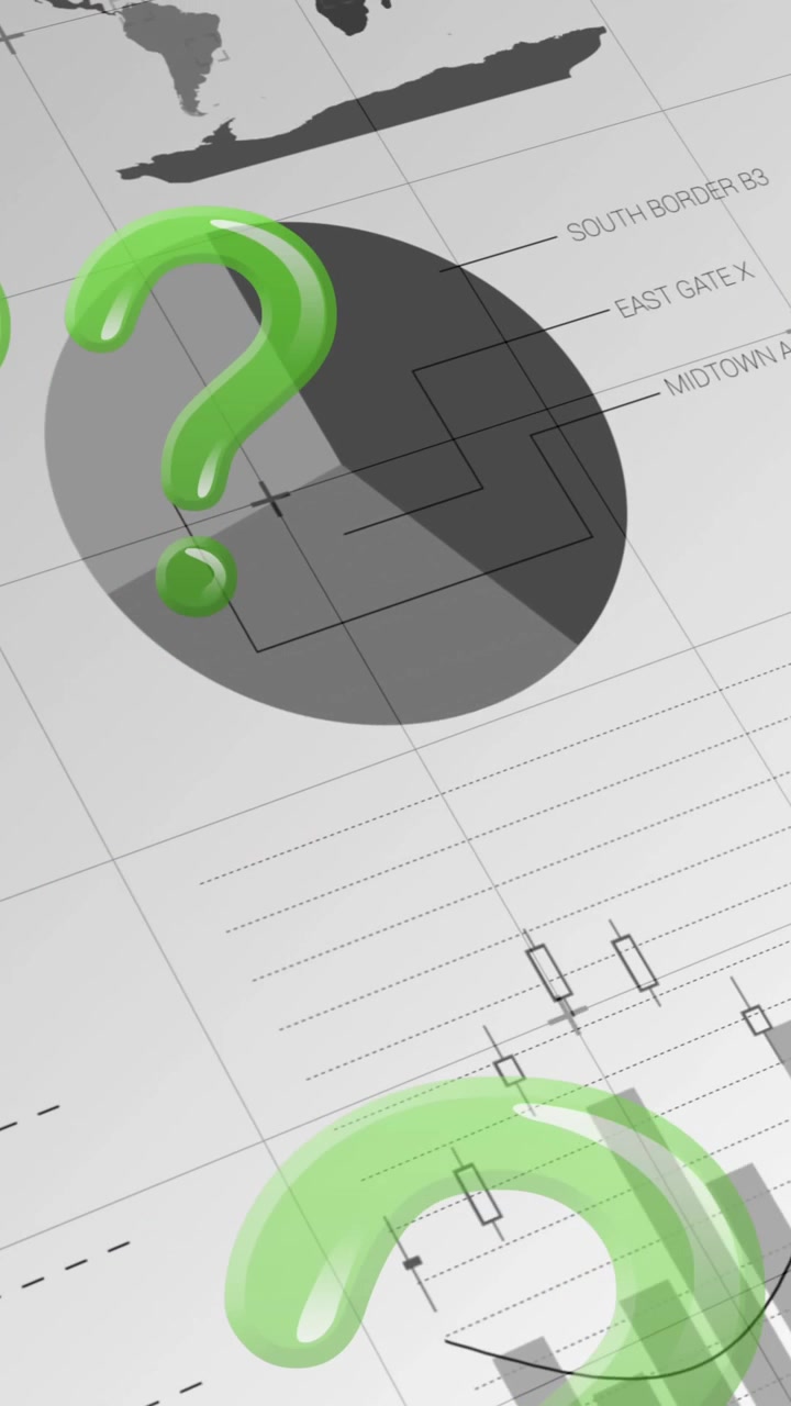 Animazione di punti interrogativi verdi che volano sopra statistiche in registrazione su sfondo bianco.