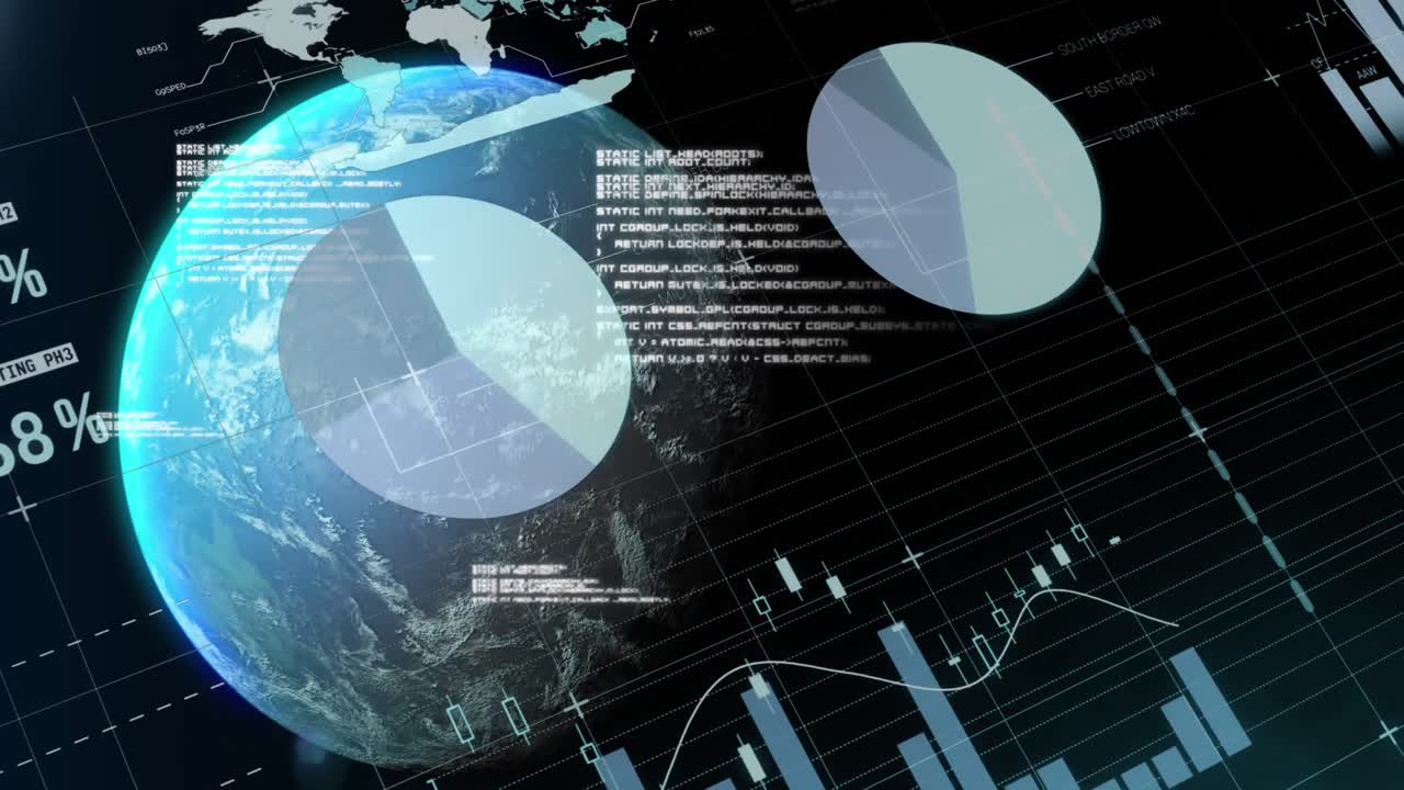 Animation of data, graphs and globe on black background