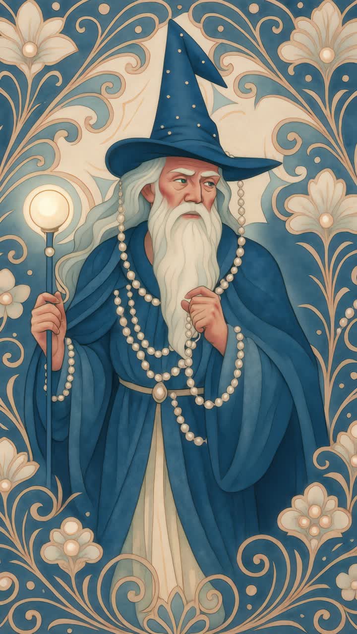 Ilustración de un mago con túnicas ornamentadas que sostiene un bastón
