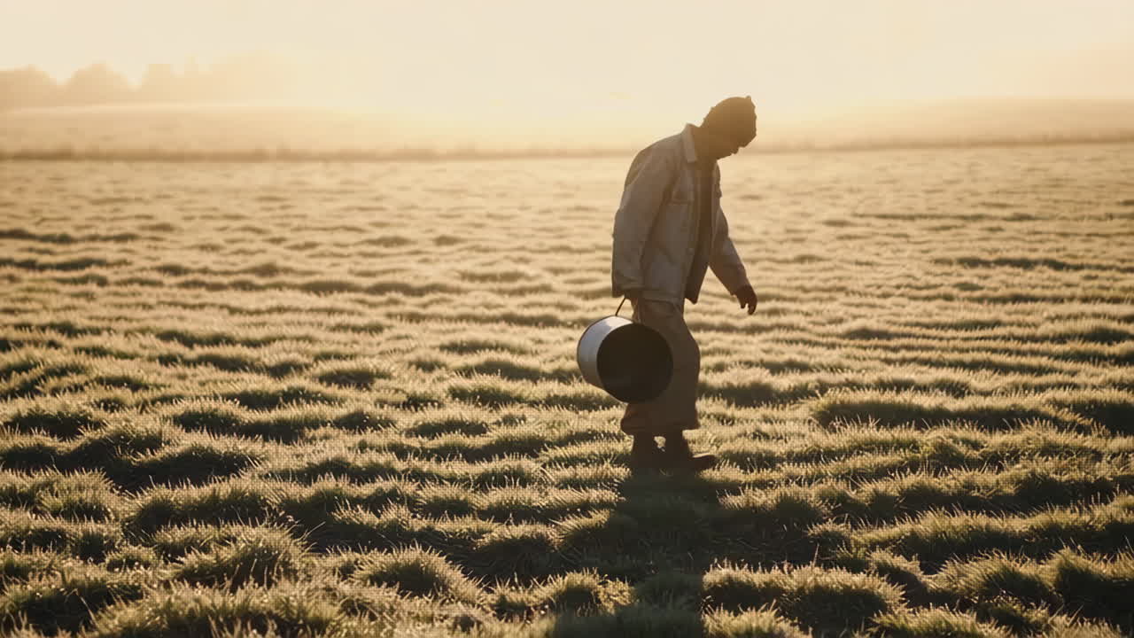 Man carrying a bucket in a grassy field at sunrise