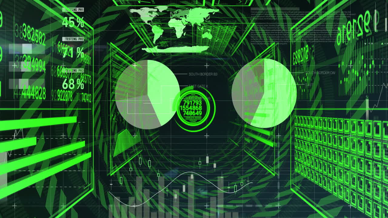 Futuristic HUD projecting neon green pie charts and glowing ring with numeric readouts rotating