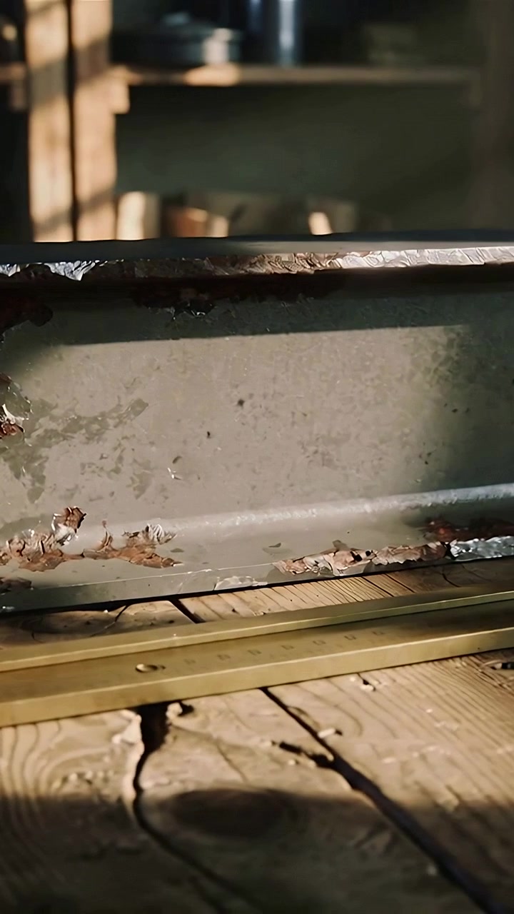 Vertical video: Steadying camera revealing corroded beam on workbench, showing rust and brass rail