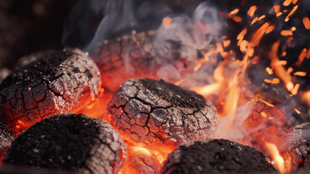 Close-Up of Glowing Charcoal Fueling Vibrant Flames at a Barbecue, Showcasing the Intensity of Fire and Heat Amongst a Bed of Cracked, Glowing Briquettes