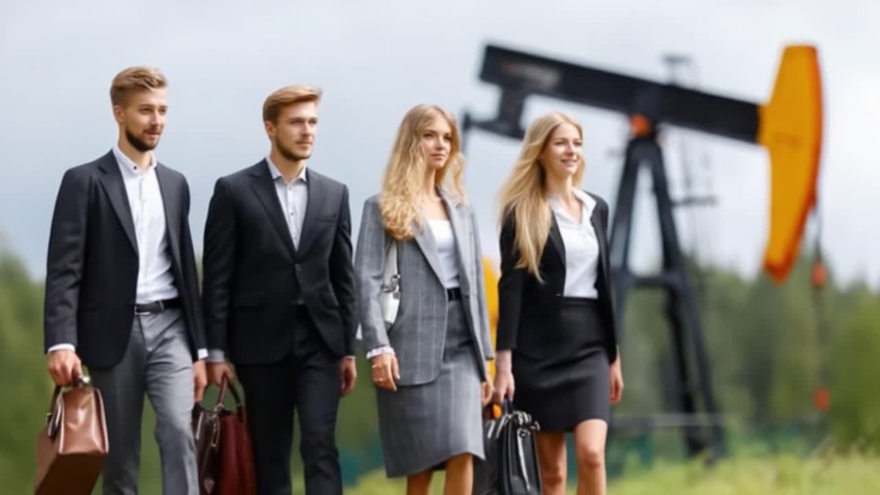 Group of Young Professionals in Business Attire Walking Confidently Near an Oil Rig, Symbolizing Industry, Collaboration, and Modern Workforce Dynamics