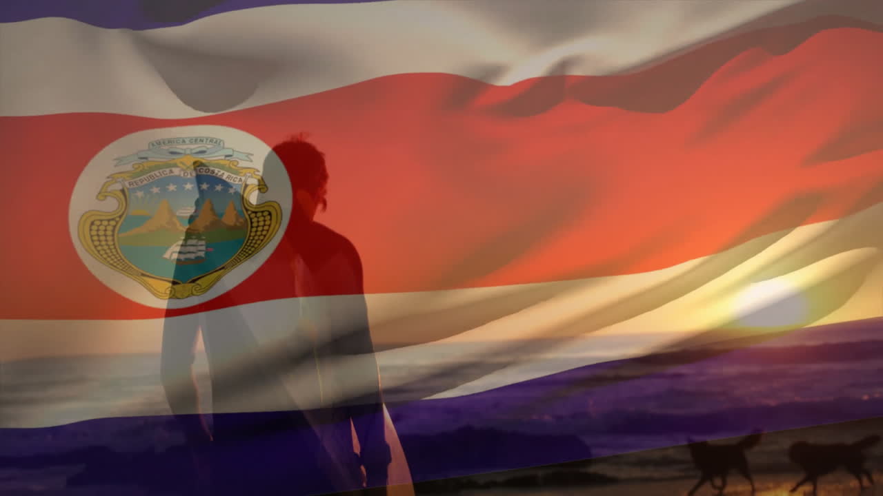 코스타리카의 발이 해변에서 백인 남성 서퍼 위에 있는 애니메이션