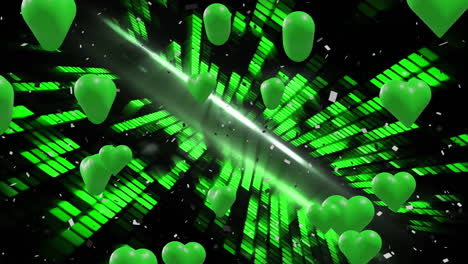 animación de corazones verdes sobre confeti y columnas en movimiento sobre fondo negro.