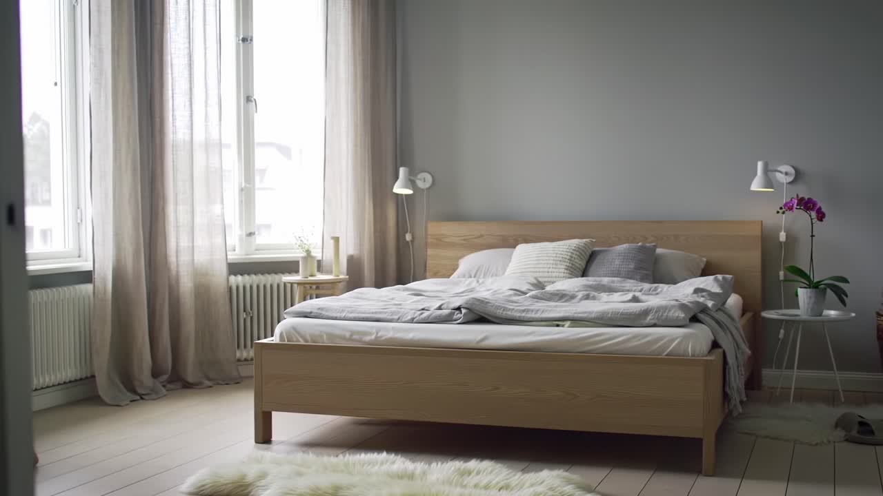 A Cozy Bedroom with Soft Lighting: A Tranquil Sanctuary Featuring a Minimalist Wooden Bed and Elegant Decor for Ultimate Relaxation and Comfort