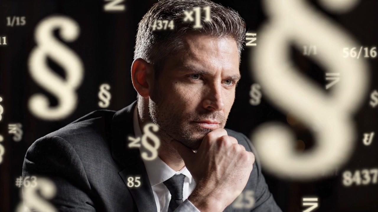 Un professionista riflessivo che contempla la strategia tra numeri e simboli astratti in un ambiente sofisticato, riflettendo mentalità analitica e introspezione.