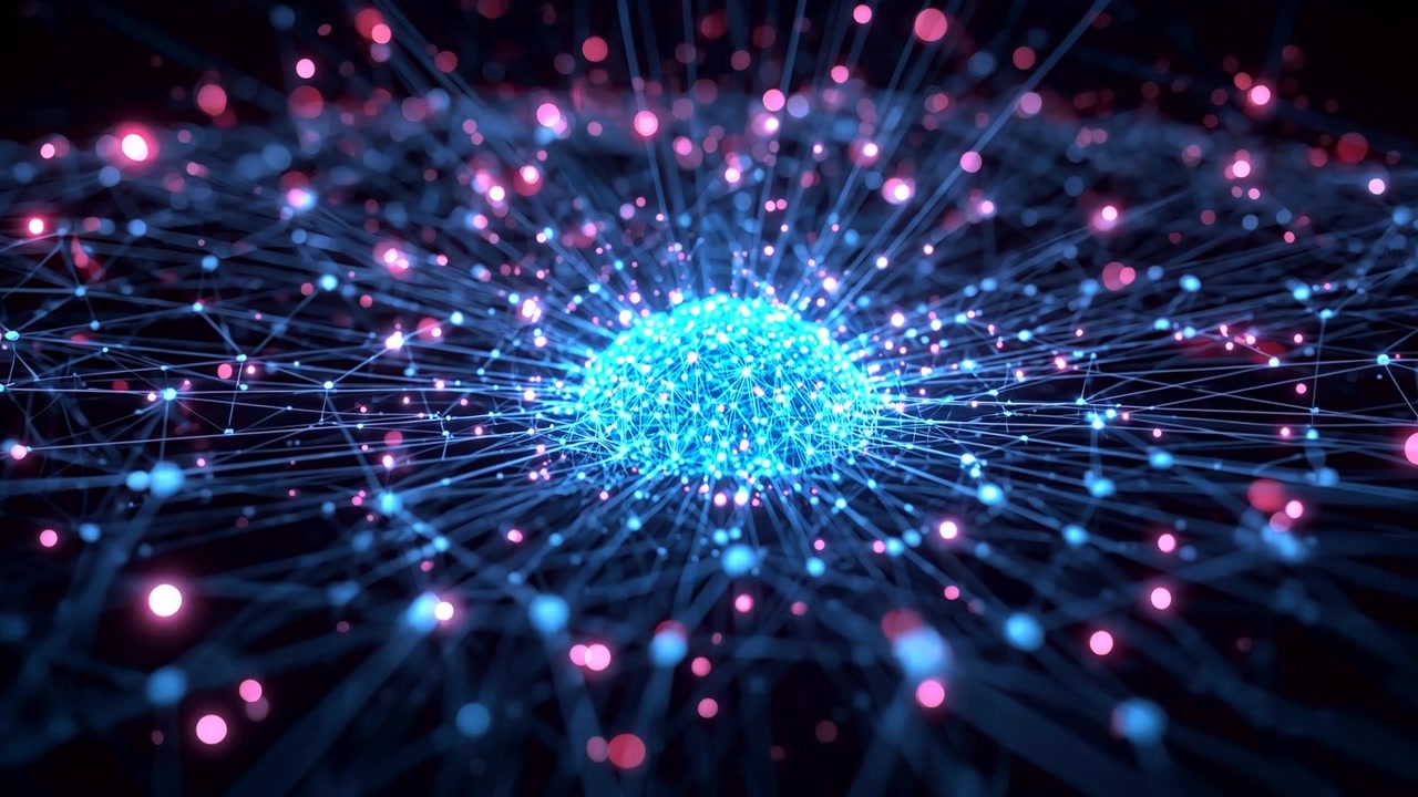 Pulsing blue core sending light through radial web in void after pulse, forming luminous network