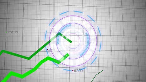 animación de líneas verdes, escaneo de alcance y procesamiento de datos financieros