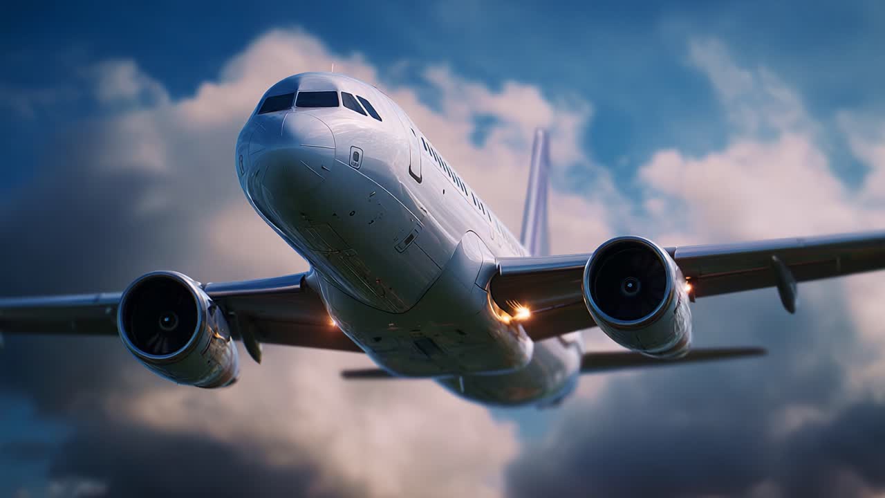 Una straordinaria inquadratura dal basso di un aereo commerciale in un cielo nuvoloso, che cattura la potenza e il design della moderna tecnologia aeronautica