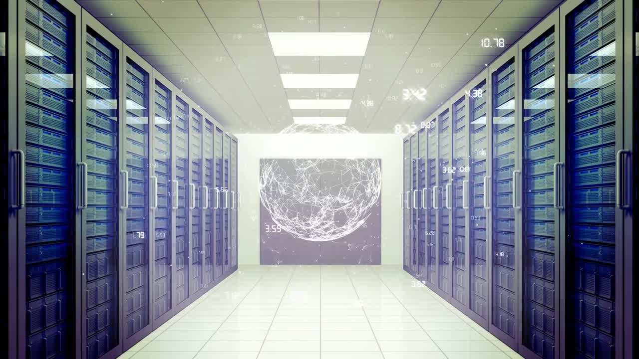 Animation af tal og globus over et serverrum
