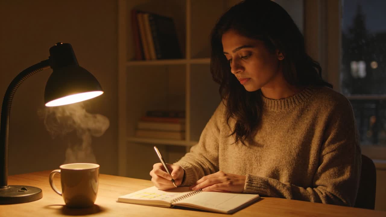 Donna che scrive con maglione di lana, illuminata dalla lampada da tavolo, che compone su un quaderno con una penna nello studio di casa, tazza
