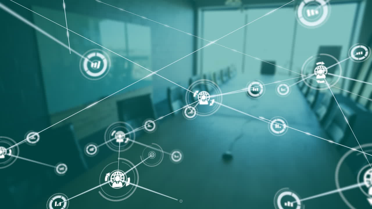Network of connections and data processing animation over modern office setting