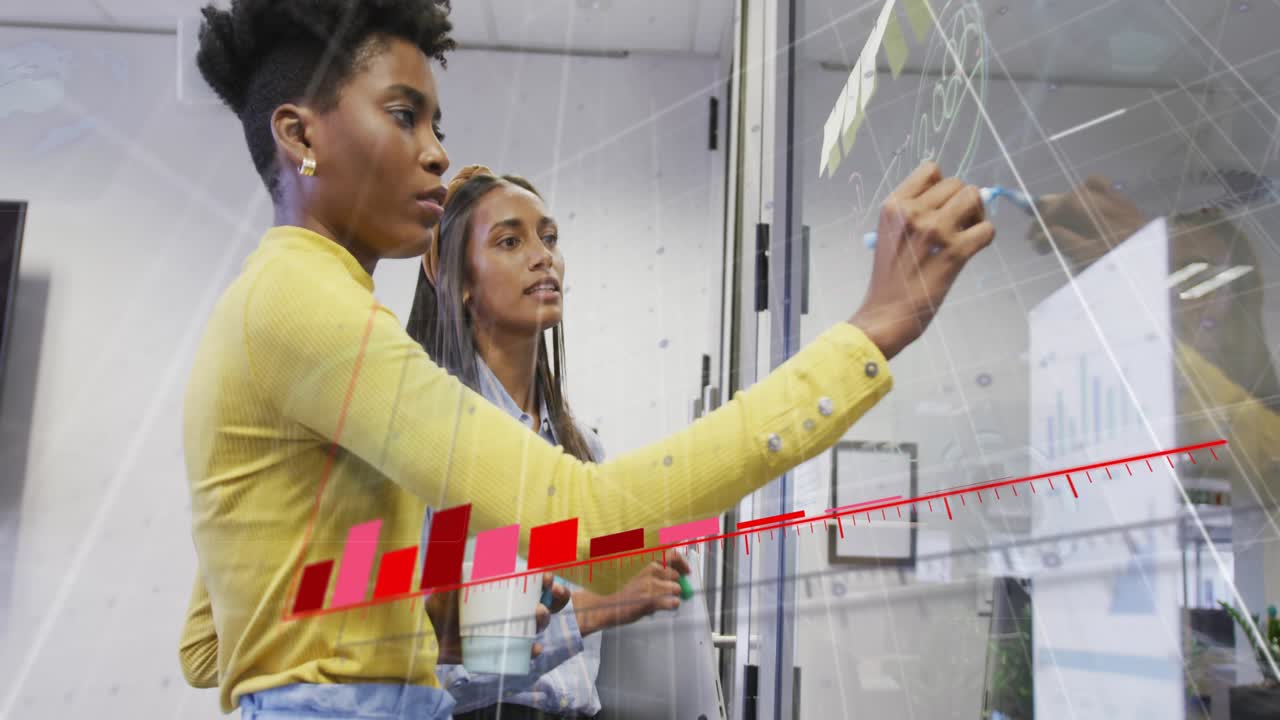 Picking up blue marker, two women visualizing sales growth on glass wall animating red bar chart