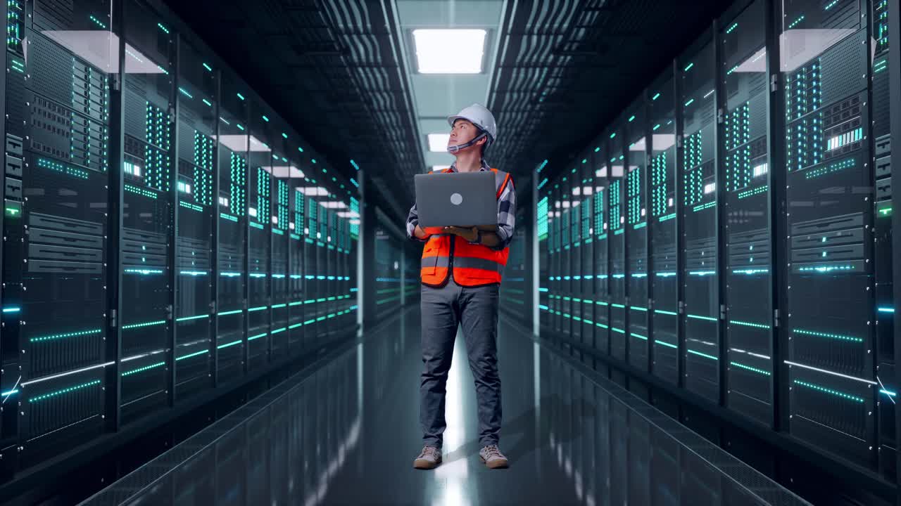 Full Body Of Asian Male Engineer With Safety Helmet Working On A Laptop And Looking Around While Standing in Server Room Data Center