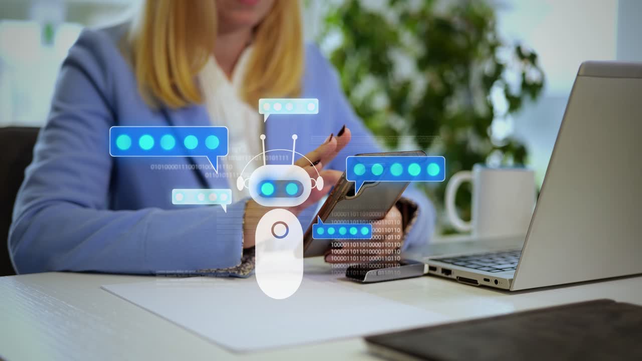Animazione di un ufficio futuristico in cui una donna d'affari professionista con un assistente virtuale bot IA digitale utilizza il suo smartphone