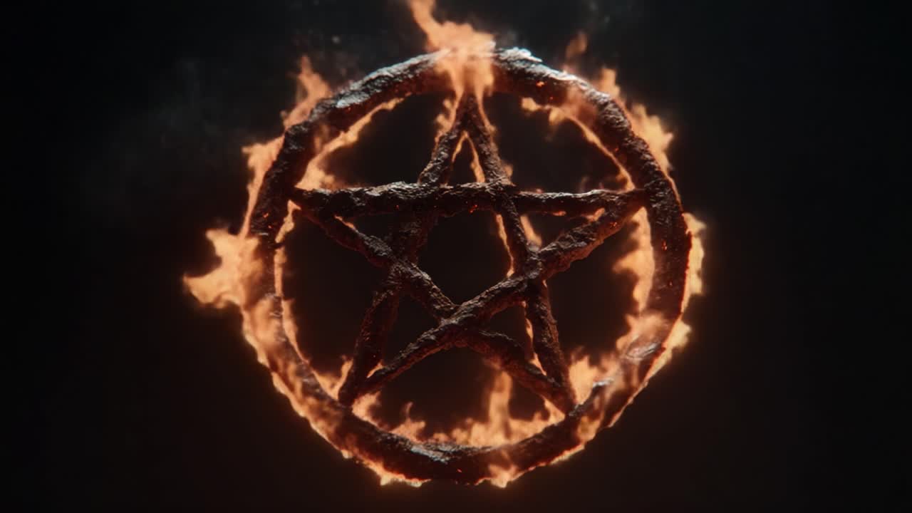 Fascinující zobrazení plamenné symboliky: Enigmatický pentagram obklopený zářivými plameny v potemnělém prostředí, znamenající hloubku a tajemství.
